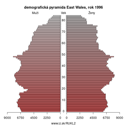 demograficky strom UKL2 East Wales 1996 demografická pyramída