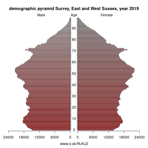 demographic pyramid UKJ2 Surrey, East and West Sussex