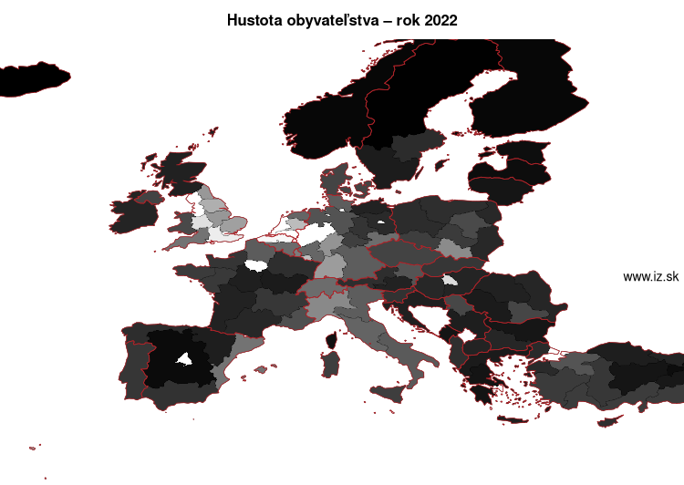 mapa hustota obyvateľstva v nuts 1