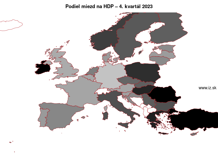mapa podiel miezd na HDP v nuts 0