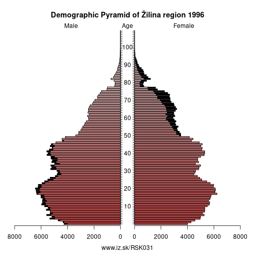 population pyramid of SK031 Žilina region in 1996